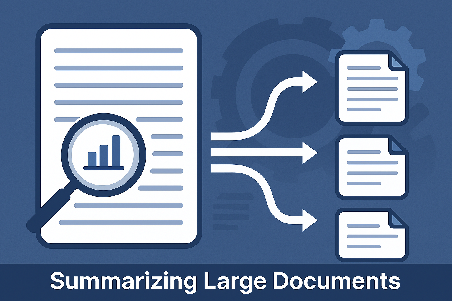 Summarizing Long Texts with LLMs: Advanced Techniques A visual representation of summarizing large documents, showing a large document split into smaller ones with arrows and a magnifying glass.